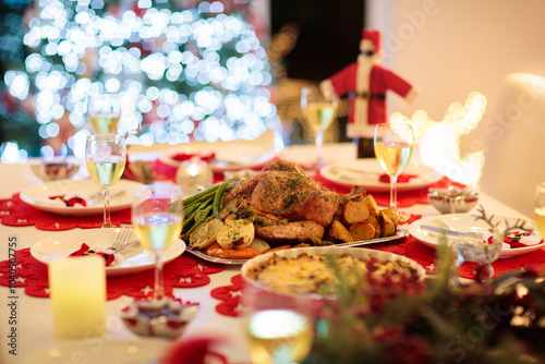 Christmas dinner at fire place and Xmas tree.