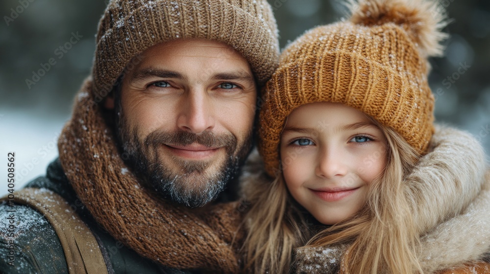A father and daughter smile brightly while wearing cozy knitted hats. They stand outdoors, surrounded by soft falling snow, radiating warmth and happiness during winter A father and daughter smile brightly while wearing cozy knitted hats. They stand outdoors, surrounded by soft falling snow, radiating warmth and happiness during winter
