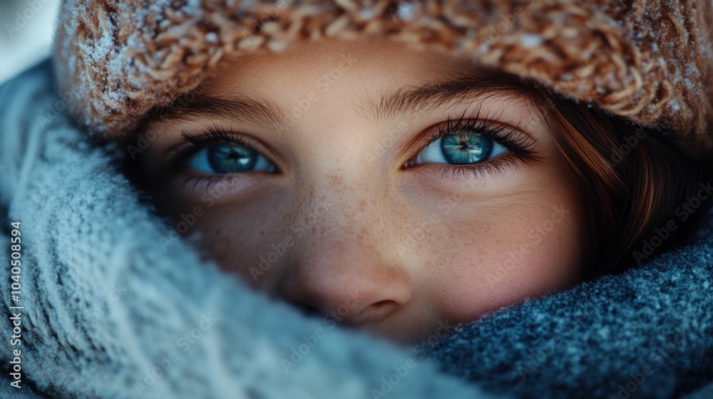 A child bundled in a cozy scarf and hat gazes curiously, with sparkling blue eyes full of wonder, capturing the essence of winter's magic and warmth in a cold setting A child bundled in a cozy scarf and hat gazes curiously, with sparkling blue eyes full of wonder, capturing the essence of winter's magic and warmth in a cold setting