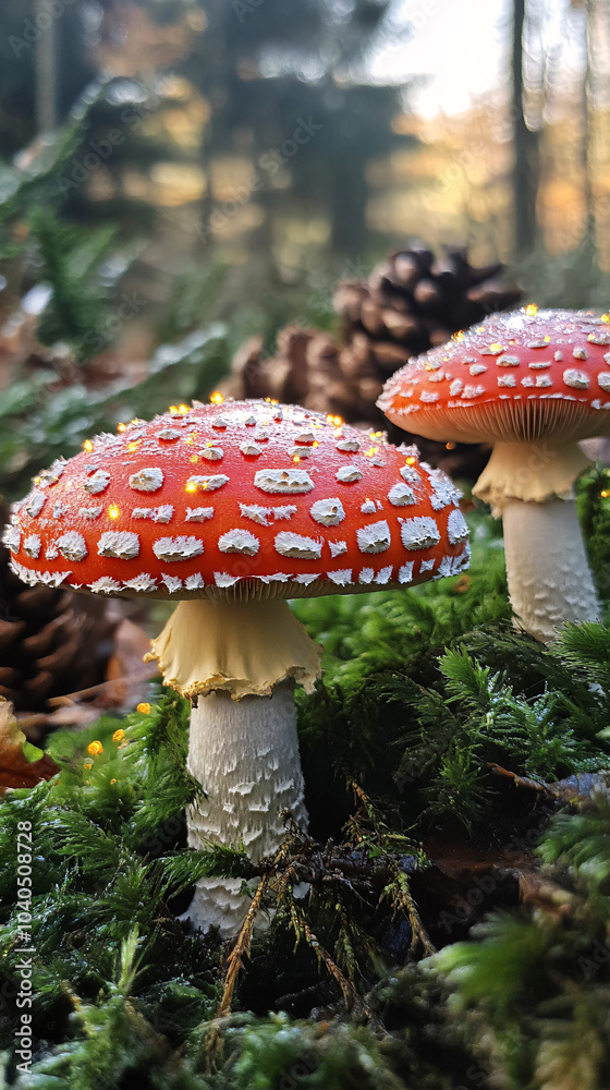 beautiful closeup of forest mushrooms in grass, autumn season. little fresh mushrooms, growing in Autumn Forest. mushrooms and leafs in forest. Mushroom picking concept. Magical

