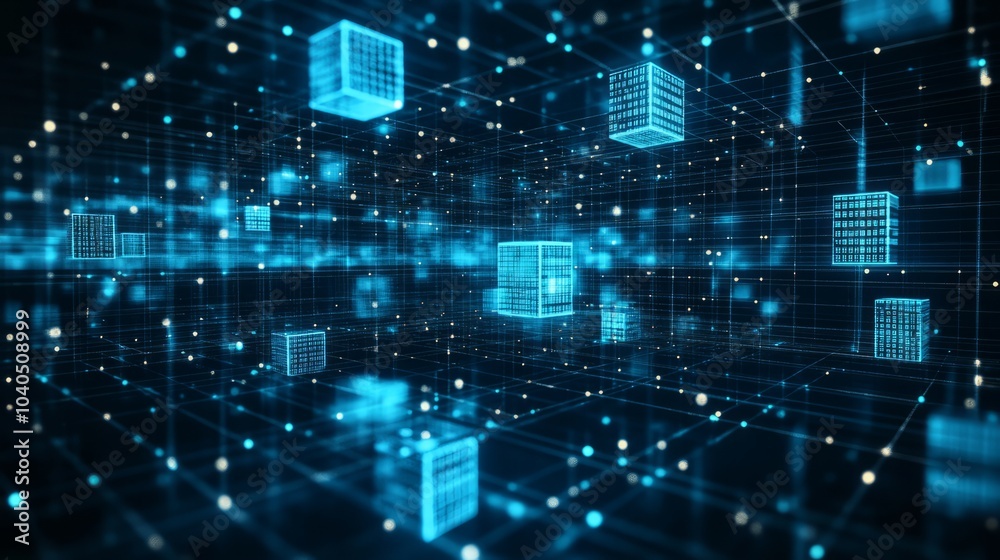 A blockchain ledger with floating cubes of data in a dark, high-tech environment, without people, without brand logo, without text --ar 16:9 --v 6.1 Job ID: 5a236fa0-3f39-440d-8a2c-2b539c69ccb2 A blockchain ledger with floating cubes of data in a dark, high-tech environment, without people, without brand logo, without text --ar 16:9 --v 6.1 Job ID: 5a236fa0-3f39-440d-8a2c-2b539c69ccb2