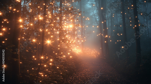 Add a thin, shimmering fog or mist that catches light from glowing elements, creating a soft twinkle. The effect should be ethereal, surrounding the viewer in a dreamlike atmosphere. photo