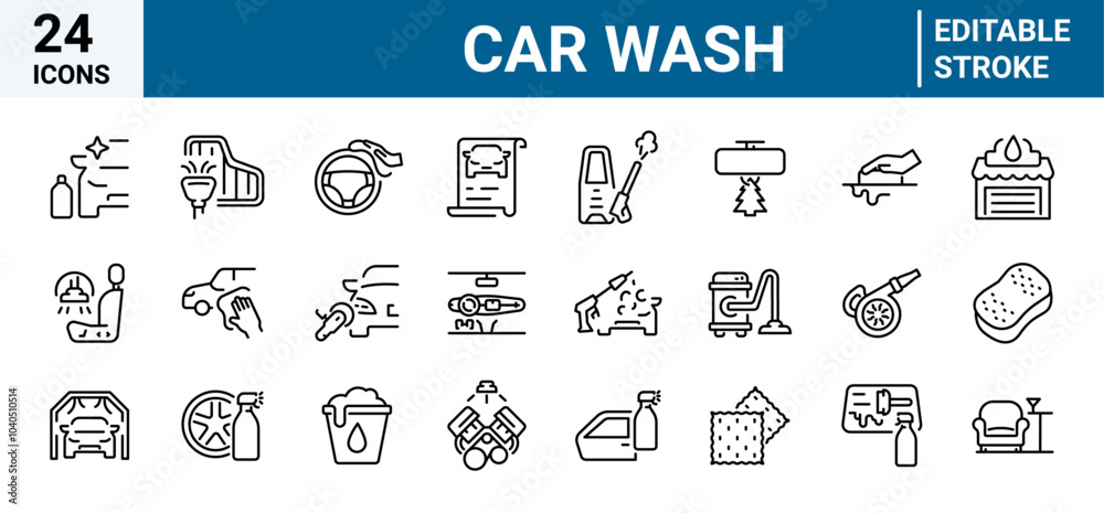 Car wash web line icon set. Editable Stroke Icon Collection. Includes tire, drying, soap, oil, car wax, microfiber and More Car wash web line icon set. Editable Stroke Icon Collection. Includes tire, drying, soap, oil, car wax, microfiber and More