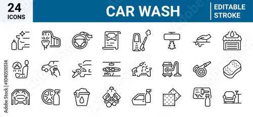 Car wash web line icon set. Editable Stroke Icon Collection. Includes tire, drying, soap, oil, car wax, microfiber and More