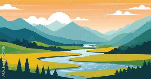 Colorful and beutiful mountain landscape with a river hills, forests, at sunset,  vector Illustration. 