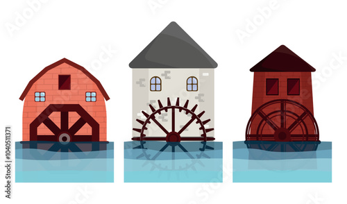 Set of ancient water mills in cartoon style. Vector illustration of an old stone water mill with windows, using water power, with spinning wheels isolated on white background. For grinding grain.