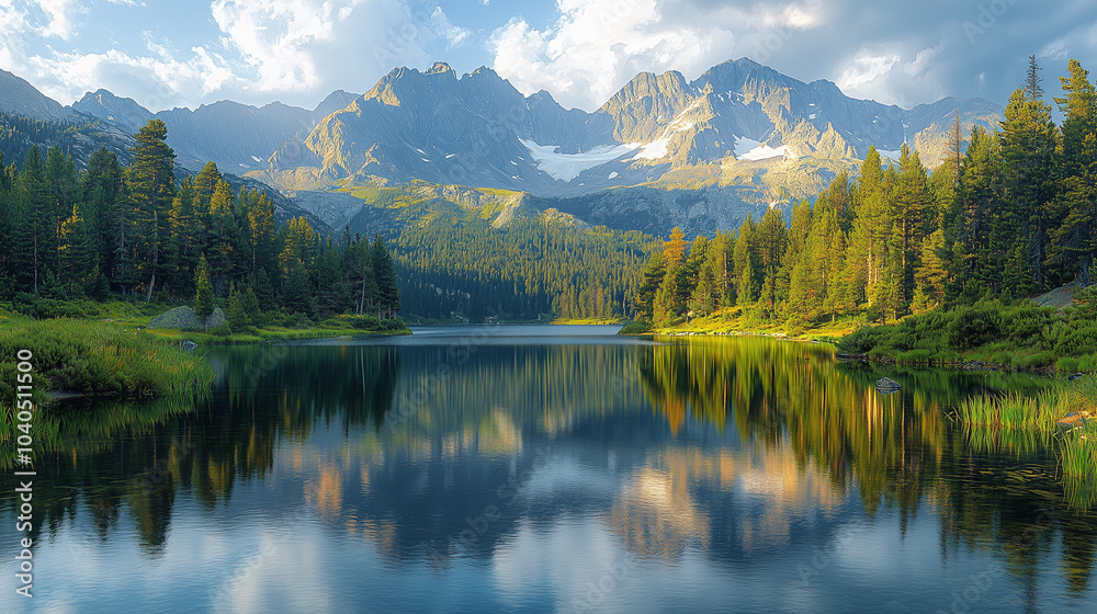 Serene lake reflects the majestic mountains and dense forests. The tranquil waters mirror the rugged peaks, while lush greenery lines its shore. A cloudy sky. Serene lake reflects the majestic mountains and dense forests. The tranquil waters mirror the rugged peaks, while lush greenery lines its shore. A cloudy sky.
