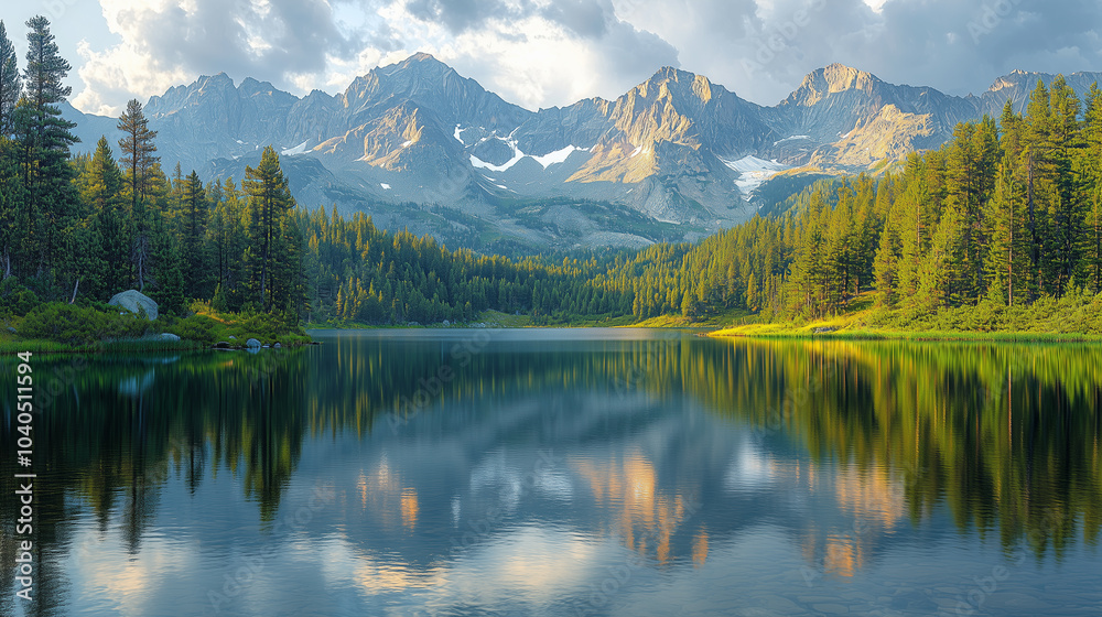 Serene lake reflects the majestic mountains and dense forests. The tranquil waters mirror the rugged peaks, while lush greenery lines its shore. A cloudy sky. Serene lake reflects the majestic mountains and dense forests. The tranquil waters mirror the rugged peaks, while lush greenery lines its shore. A cloudy sky.