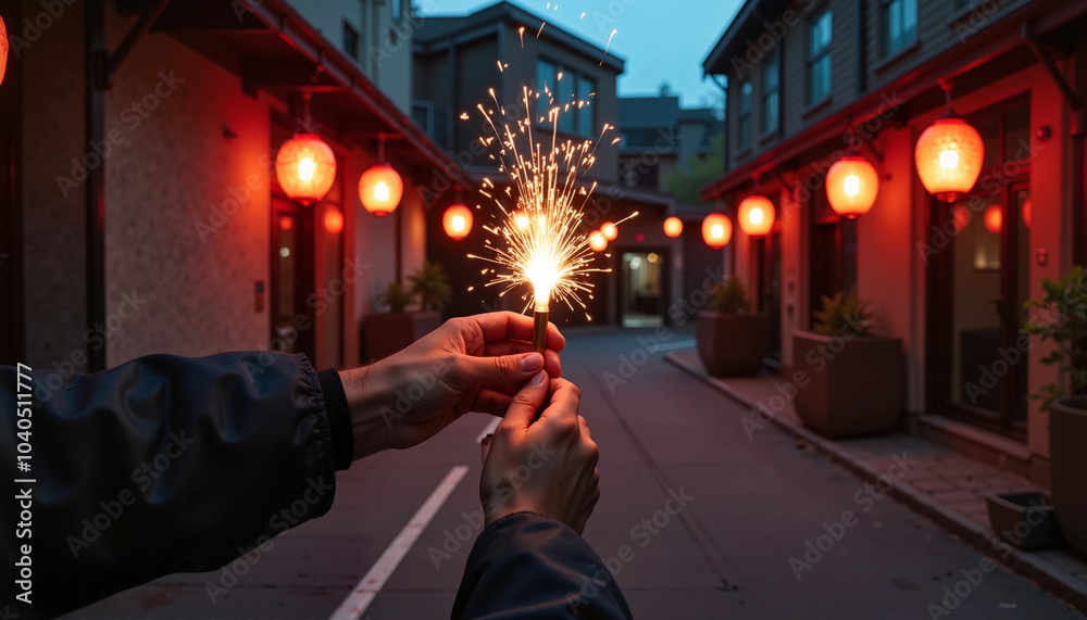 Obraz premium Hands Holding Bright Sparkler in Alley Decorated with Red Lanterns at Dusk