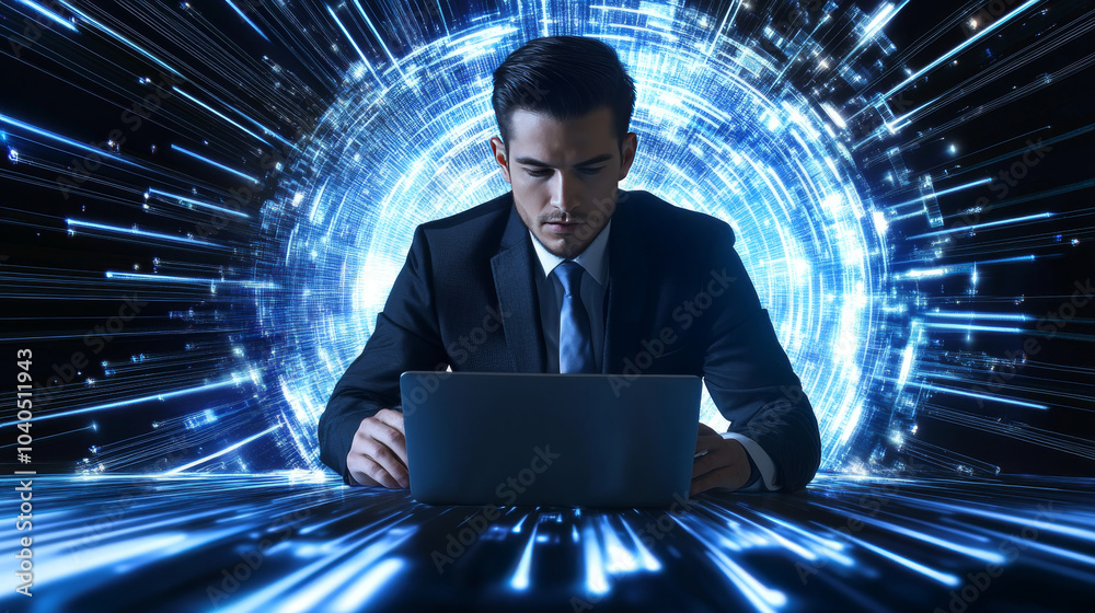 A businessman works on high-speed internet against a futuristic backdrop.
A businessman works on high-speed internet against a futuristic backdrop.