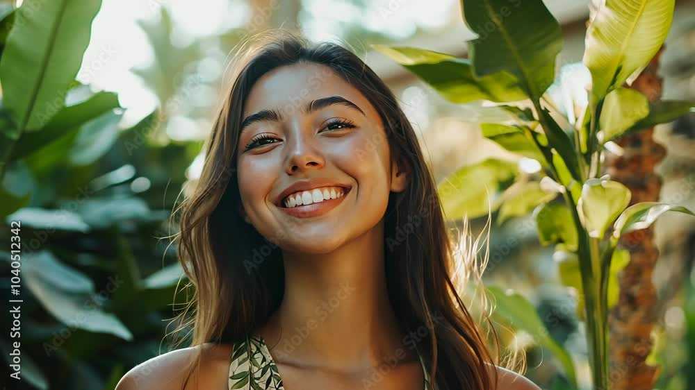 A young woman smiles brightly in front of a lush green background, enjoying a beautiful summer day