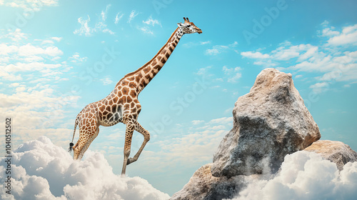 A conceptual depiction of a giraffe with long arms stepping over two rocky mountains amidst clouds and a blue sky.



 photo