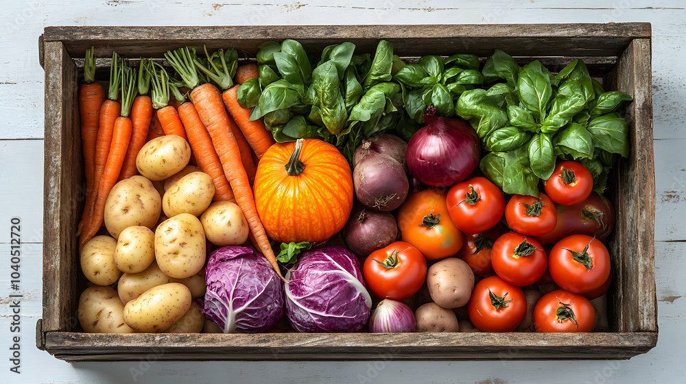 A Lively Arrangement of Fresh Vegetables Spilling from a Wooden Crate, Set on a Bright White Table A Lively Arrangement of Fresh Vegetables Spilling from a Wooden Crate, Set on a Bright White Table