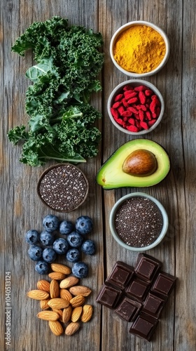 Top View of Healthy Superfoods Arrangement Including Avocado, Kale, Goji Berries, Almonds, and Blueberries