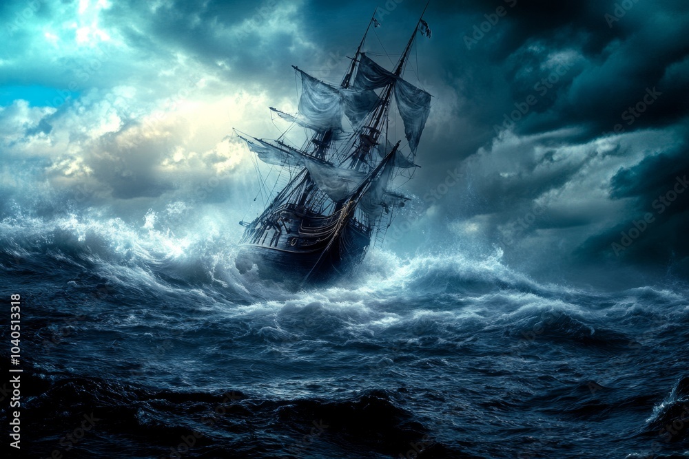 A majestic sailing ship battles towering waves under a stormy sky during twilight near the turbulent ocean