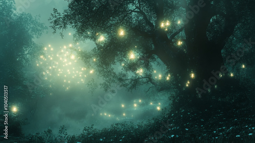 Add a thin, shimmering layer of fog that catches light from glowing elements, twinkling softly as it moves through the air. The overall effect should be ethereal, creating a dreamlike atmosphere 