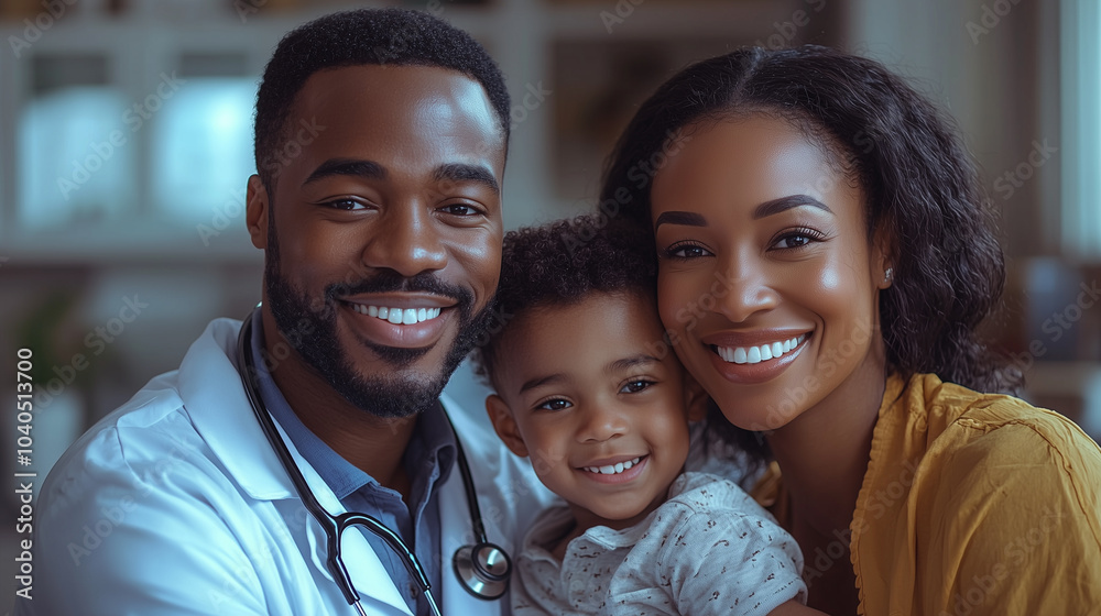 Smiling African American doctor with a stethoscope, with his child patient. Smiling African American doctor with a stethoscope, with his child patient.