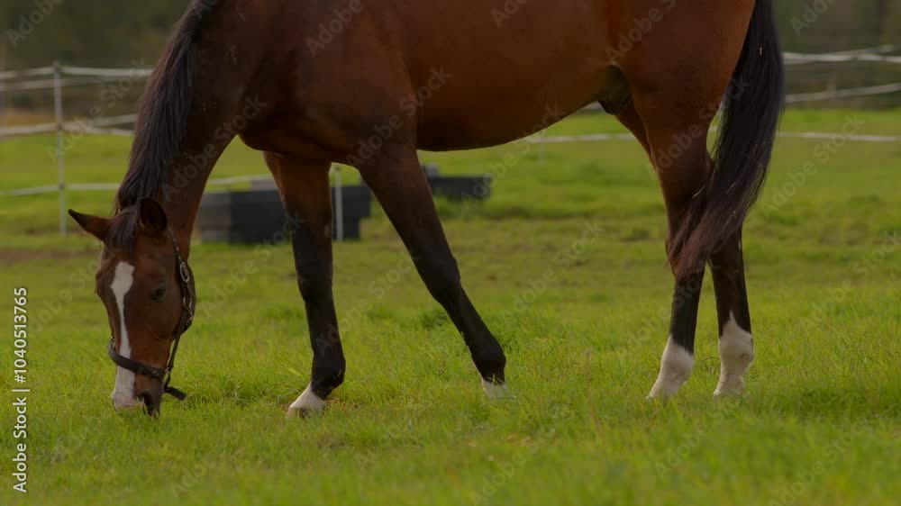A stunningly beautiful horse is peacefully grazing on lush green grass in a vast, open field under the sky A stunningly beautiful horse is peacefully grazing on lush green grass in a vast, open field under the sky