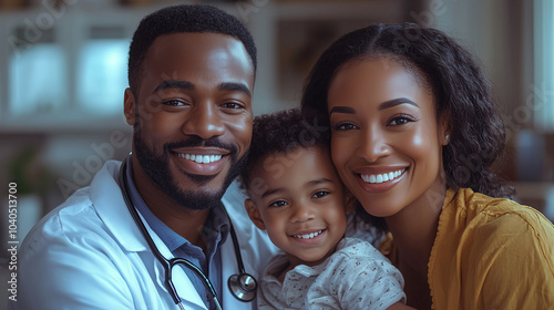 Smiling African American doctor with a stethoscope, with his child patient.