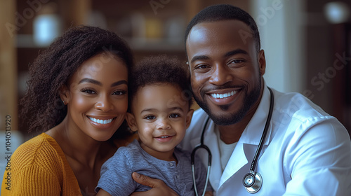 Smiling African American doctor with a stethoscope, with his child patient.