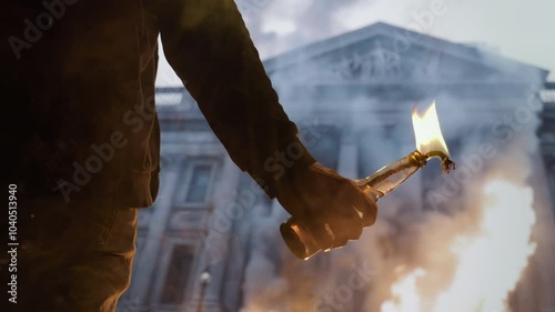 Urban Molotov Protest Fire Flames Against Neoclassical Building Resistance Civil Unrest