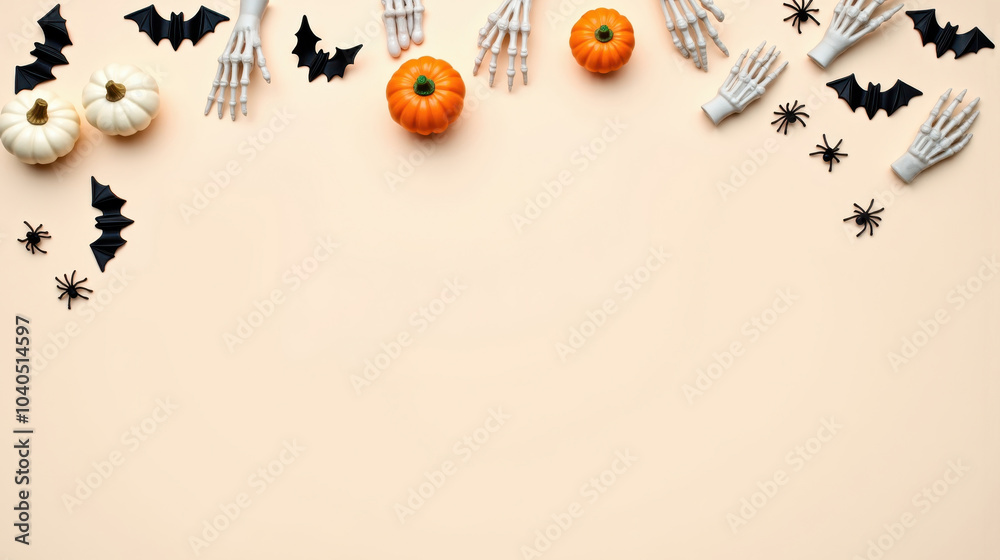 Fototapeta premium Halloween greeting card with pumpkins, skeleton hands, and spooky bats and spiders on a soft orange background with copy space. Perfect for a festive and eerie Halloween celebration.