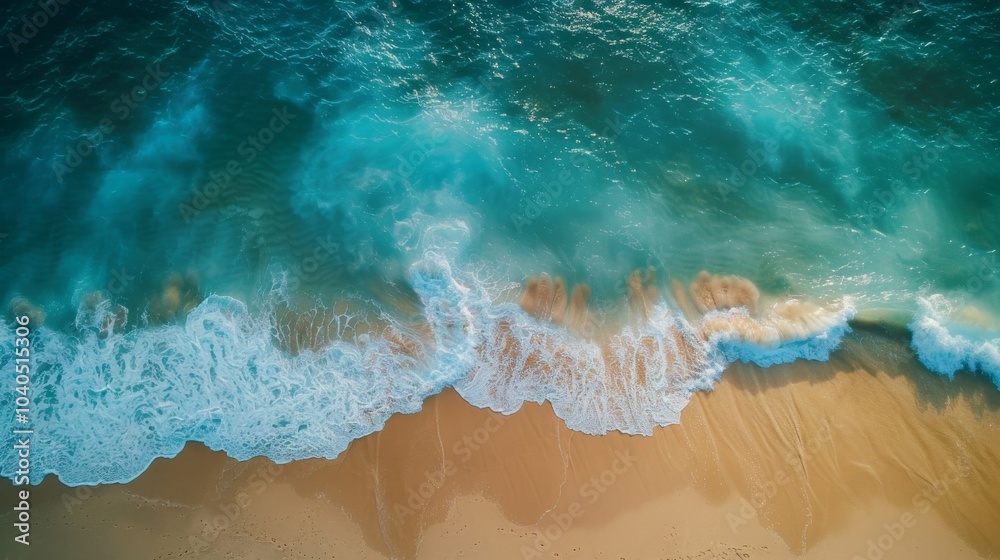 Aerial view of a stunning Mediterranean beach. The blue sea glistens under the sun, waves gently breaking on the shore. A serene and beautiful scene Aerial view of a stunning Mediterranean beach. The blue sea glistens under the sun, waves gently breaking on the shore. A serene and beautiful scene