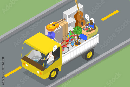 3D Isometric Flat Vector Illustration of Moving Eldery Couple, Downsizing