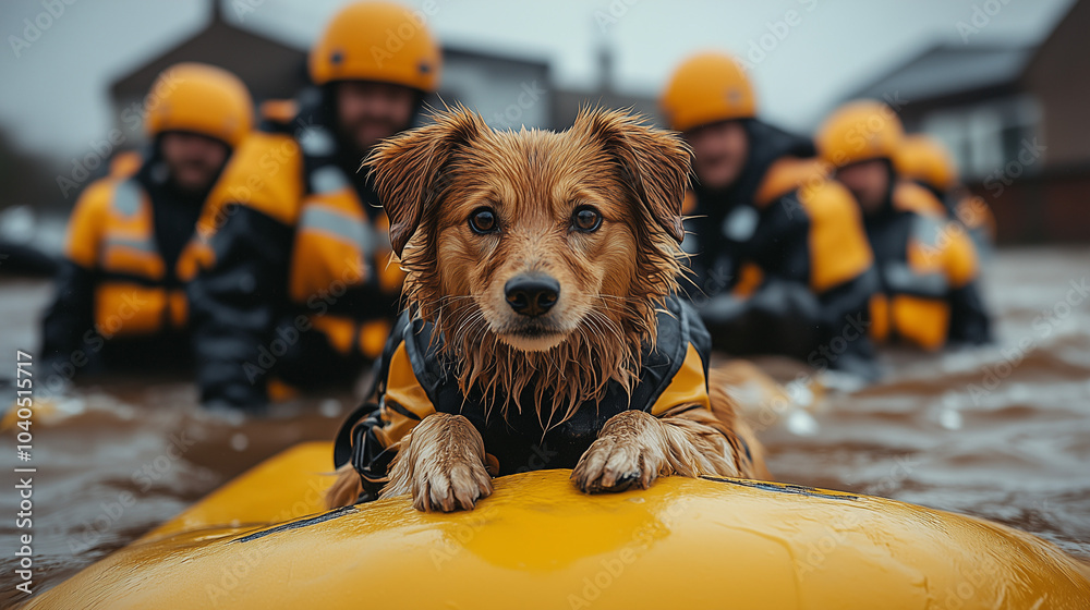 Rescue Team Evacuates Dog by Boat During Flood Stock Photo | Adobe Stock