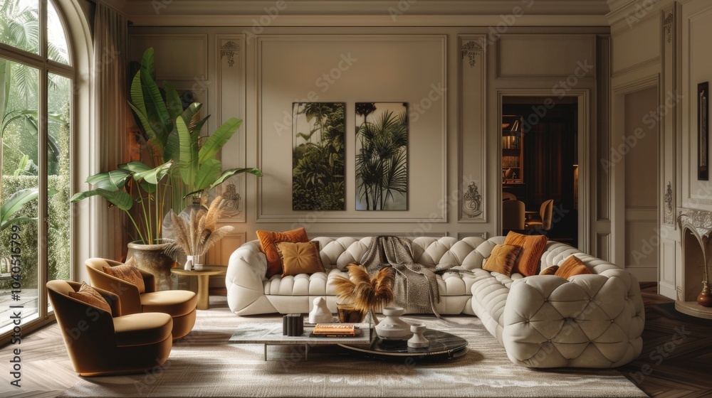 Cozy living room with a sectional sofa, a soft armchair, and calming posters on the wall Cozy living room with a sectional sofa, a soft armchair, and calming posters on the wall