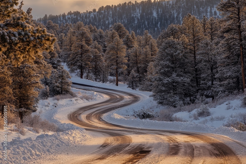 During the golden hour, a snowy path winds through a forest in the mountains, with warm sunlight casting a glow over the scene, evoking a sense of wonder and peace. During the golden hour, a snowy path winds through a forest in the mountains, with warm sunlight casting a glow over the scene, evoking a sense of wonder and peace.