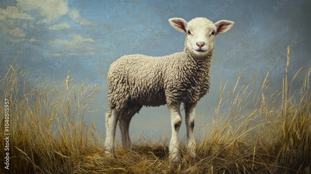 A Young Lamb Standing in Tall Grass with a Cloudy Sky in the Background A Young Lamb Standing in Tall Grass with a Cloudy Sky in the Background