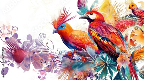 Vibrant Birds and Tropical Flowers in Watercolor