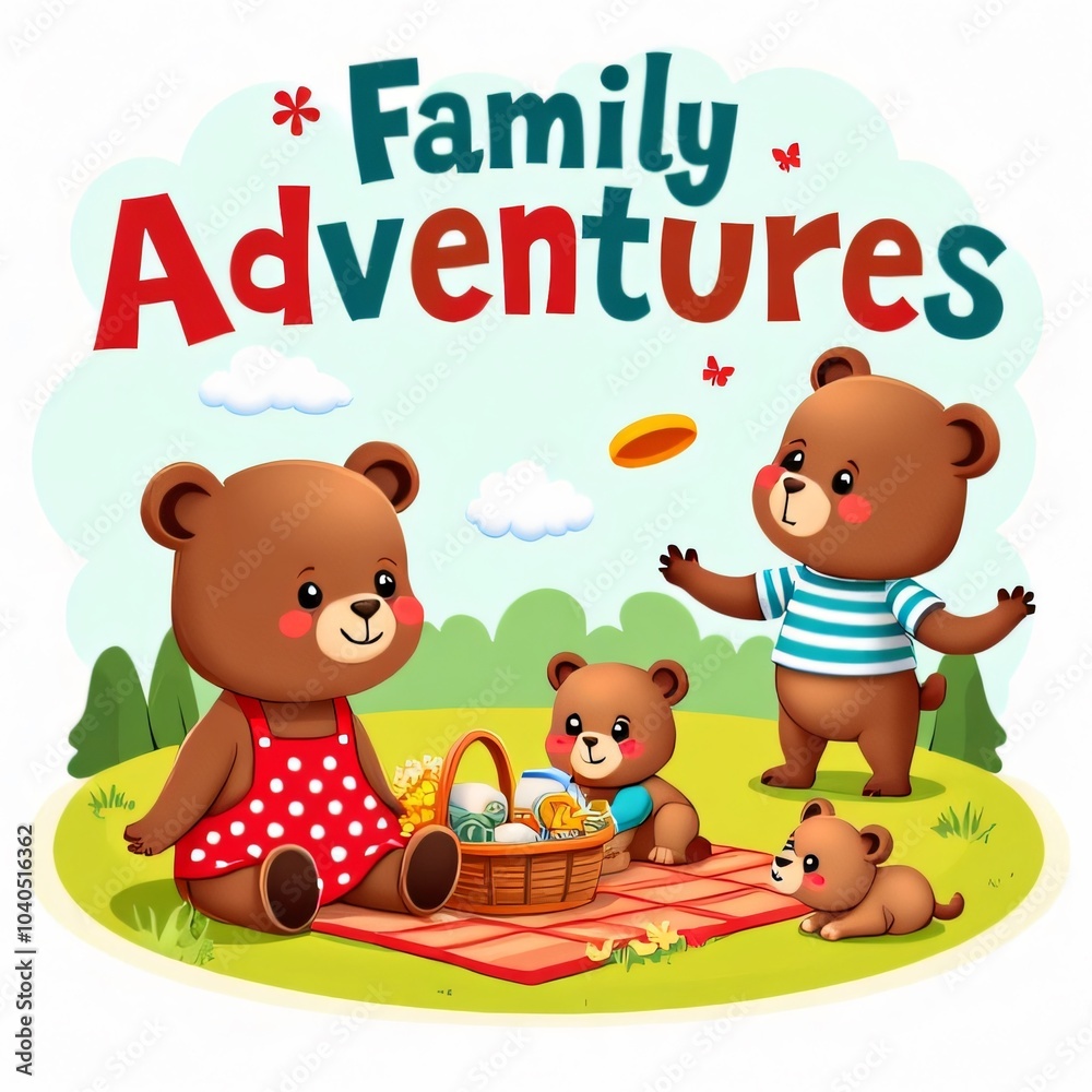 Fototapeta premium Kawaii Bear Family Picnic Adventure Illustration
