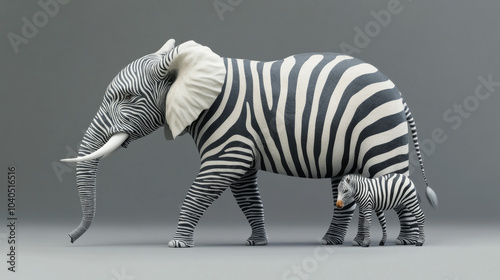 An elephant with zebra stripes alongside a zebra on a studio backdrop. It represents the idea of embracing uniqueness and shifting perspectives. This is a 3D rendered illustration.



