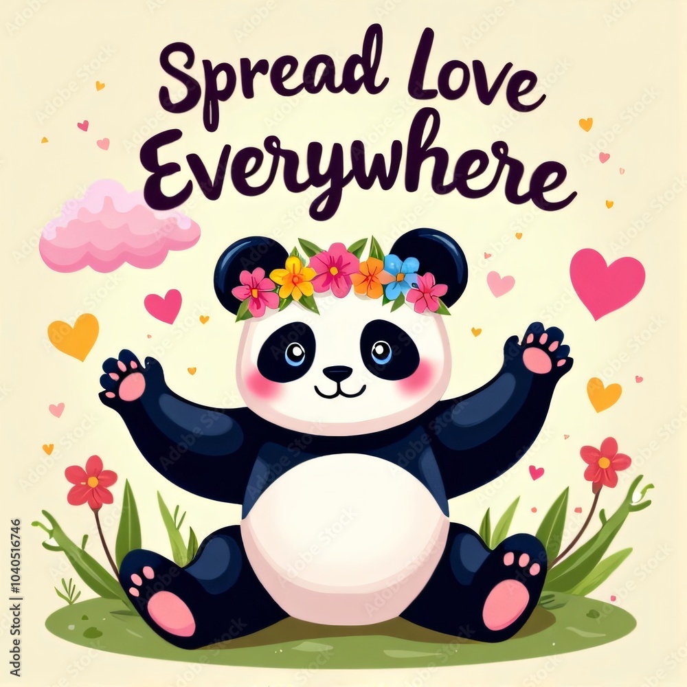 Naklejka premium Kawaii Panda Spread Love Everywhere Design