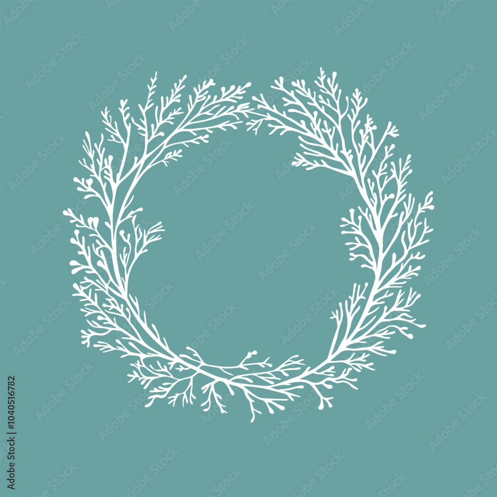 Hand drawn botanical floral wreath from twigs branches. Christmas wreath. Logo design, wedding, engagement invitations. Vintage retro style