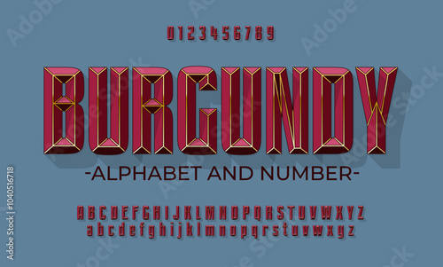 Burgundy luxurious alphabet with gold inserts. Font in the color of expensive Victorian velvet inlaid with gold lines. Set with numbers, upper and lower case letters.