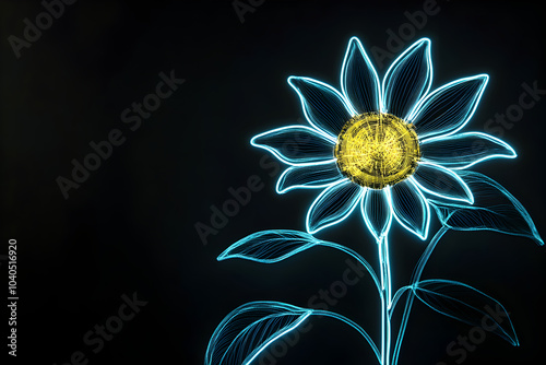 Unique neon silhouette of a sunflower with glowing center isotated on black background. photo