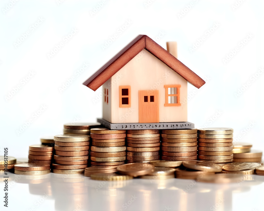 house model and coins on white background. real estate and investment concept. house model and coins on white background. real estate and investment concept.