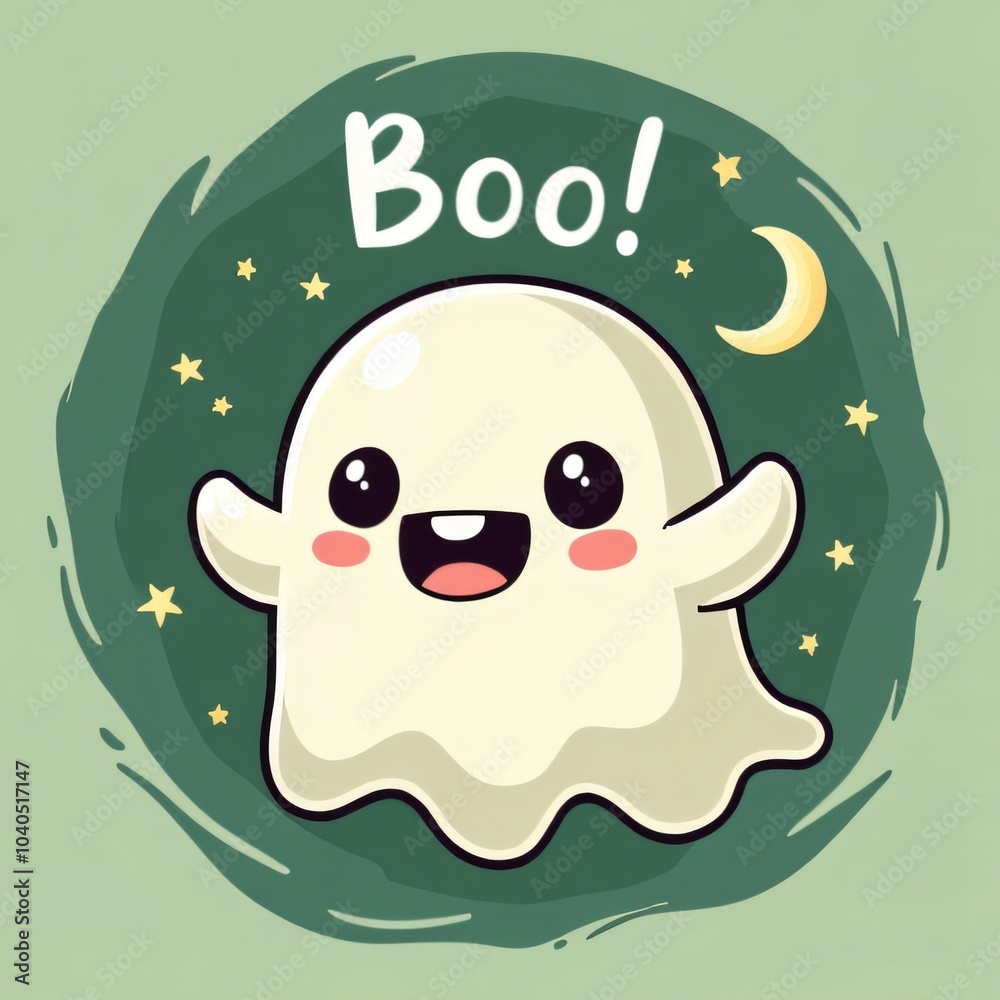 Cute Halloween Ghost with Boo Saying Kawaii Illustration Cute Halloween Ghost with Boo Saying Kawaii Illustration
