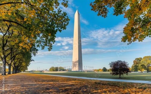 A photo of the Washington Monument, a large obelisk with a height of 555 feet, located in Washington D.C., USA photo