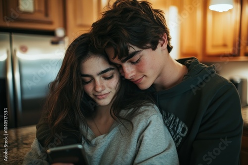 A youthful couple leans into each other, soft smiles on their faces, holding a smartphone in the gentle lighting of their kitchen, surrounded by modern decor.