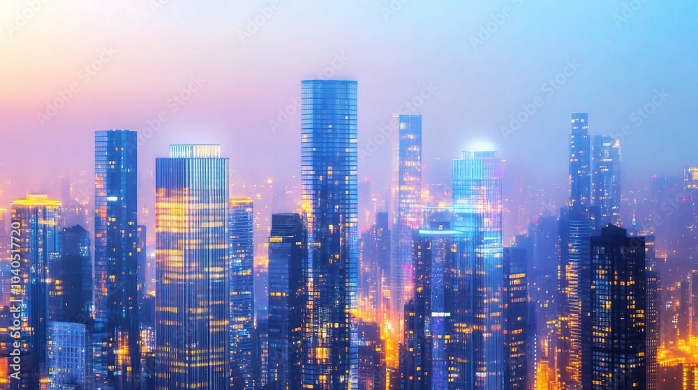 Fototapeta Illuminated Modern Cityscape at Dusk