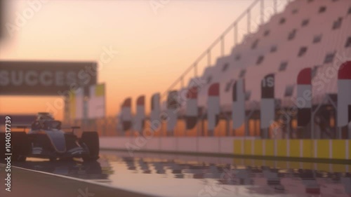 Formula one race car racing along the homestretch over the finish line. Slow motion video