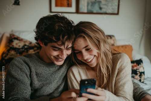 A couple is sitting on a bed, smiling together as they look at a smartphone, symbolizing joy and connection in a cozy domestic setting.