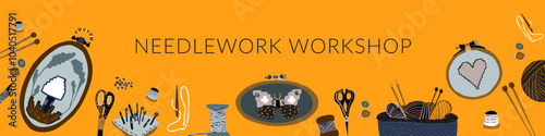 Needlework workshop orange banner vector artwork