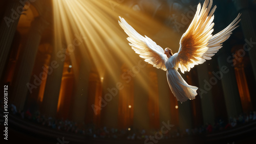 Majestic angel ascending in a cathedral illuminated by golden light photo