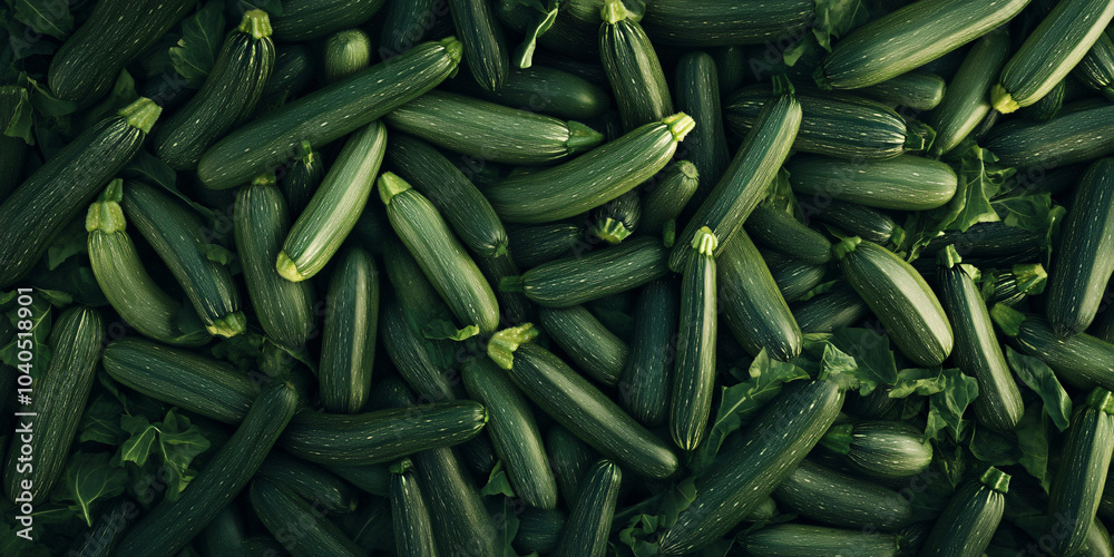 Green zucchini lie chaotically in a pile, creating a textured background with bright green hues. The background is completely filled with vegetables. Green zucchini lie chaotically in a pile, creating a textured background with bright green hues. The background is completely filled with vegetables.