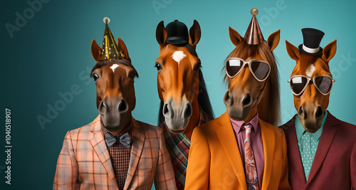 Creative animal concept. Group of brown horse in funky Wacky wild mismatch colourful outfits on bright background advertisement, copy space. birthday party invite invitation banner	
 photo